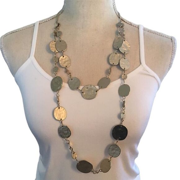 Express Gold Tone Double Layer Hammered Disc Statement Necklace NEW - Picture 2 of 11